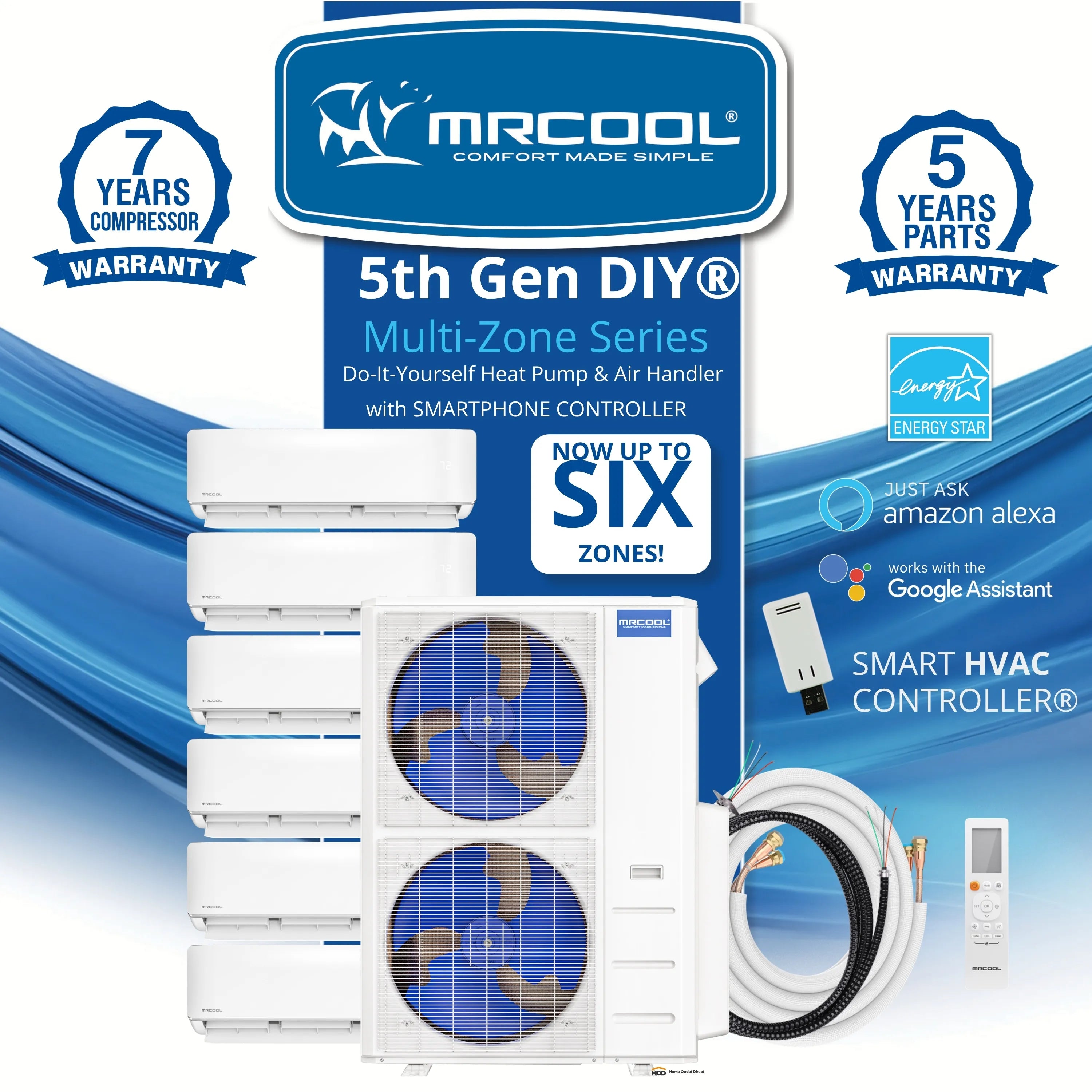 MRCOOL DIY 5th Gen Mini Split - 6-Zone 55,000 BTU Mini Split Condenser 230V with 12K + 12K + 9K + 9K + 6K + 6K Wall Mount Air Handlers DIY5-6Z-55HP-12K12K9K9K6K6K