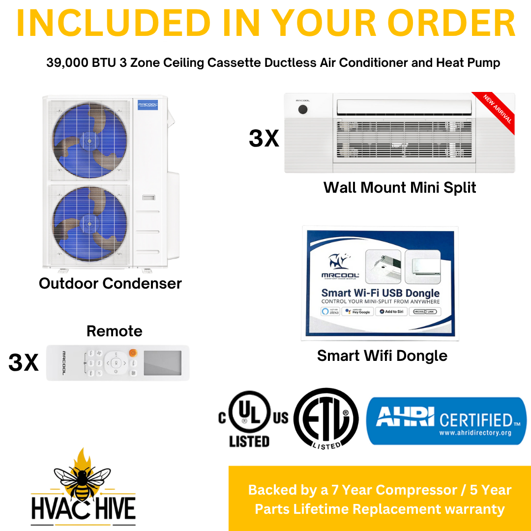 MRCOOL 5th Gen DIY Mini Split - 39,000 BTU 3 Zone Ceiling Cassette Ductless Air Conditioner and Heat Pump, DIY-BC-348HP091218 included in your order
