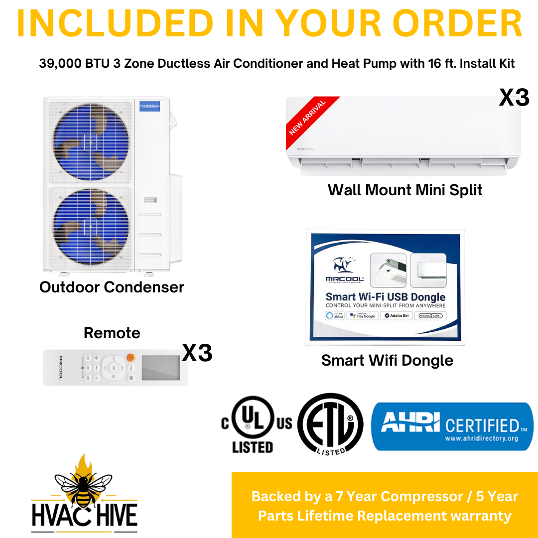 MRCOOL 5th Gen DIY Mini Split - 39,000 BTU 3 Zone Ductless Air Conditioner and Heat Pump with 16 ft. Install Kit, DIY348HP09121816 included in your order