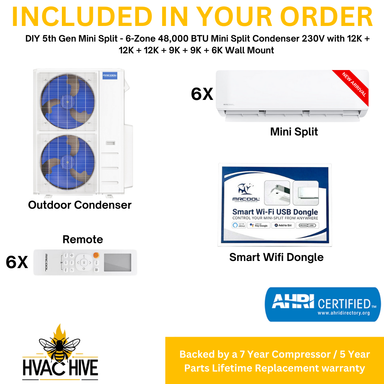MRCOOL DIY 5th Gen Mini Split - 6-Zone 48,000 BTU Mini Split Condenser 230V with 12K + 12K + 12K + 9K + 9K + 6K Wall Mount Air Handlers DIY5-6Z-48HP-12K12K12K9K9K6K included in your order