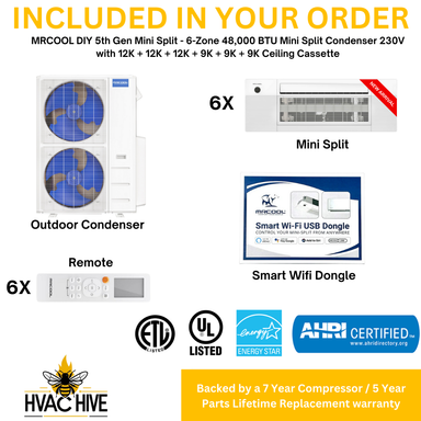 MRCOOL DIY 5th Gen Mini Split - 6-Zone 48,000 BTU Mini Split Condenser 230V with 12K + 12K + 12K + 9K + 9K + 9K Ceiling Cassette Air Handlers DIY5-6ZC-48HP-12K12K12K9K9K9K included in your order