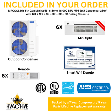 MRCOOL DIY 5th Gen Mini Split - 6-Zone 48,000 BTU Mini Split Condenser 230V with 12K + 12K + 9K + 9K + 9K + 9K Ceiling Cassette Air Handlers DIY5-6ZC-48HP-12K12K9K9K9K9K included in your order