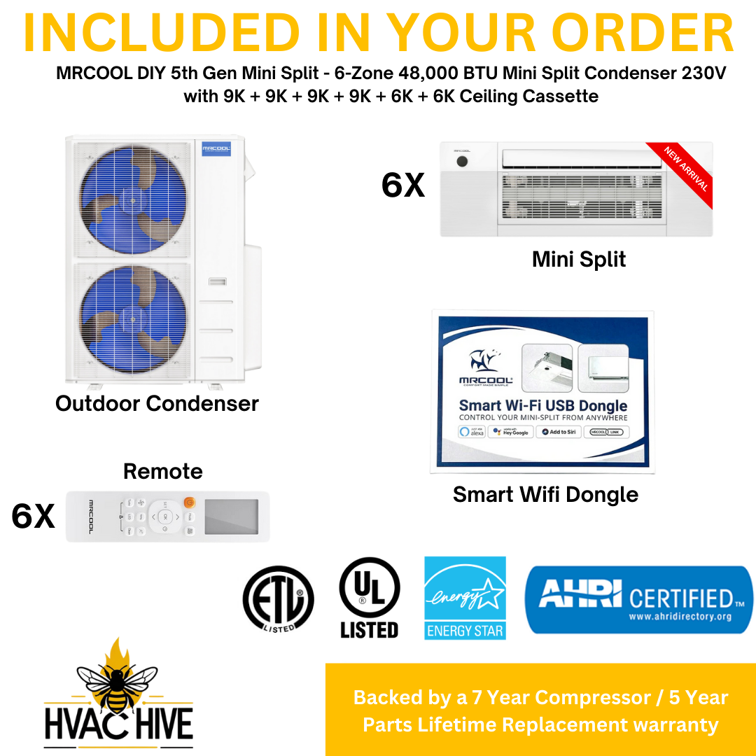 MRCOOL DIY 5th Gen Mini Split - 6-Zone 48,000 BTU Mini Split Condenser 230V with 9K + 9K + 9K + 9K + 6K + 6K Ceiling Cassette Air Handlers DIY5-6ZC-48HP-9K9K9K9K6K6K included in your order