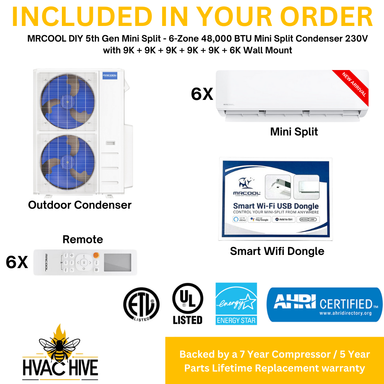 MRCOOL DIY 5th Gen Mini Split - 6-Zone 48,000 BTU Mini Split Condenser 230V with 9K + 9K + 9K + 9K + 9K + 6K Wall Mount Air Handlers DIY5-6Z-48HP-9K9K9K9K9K6K included in your order