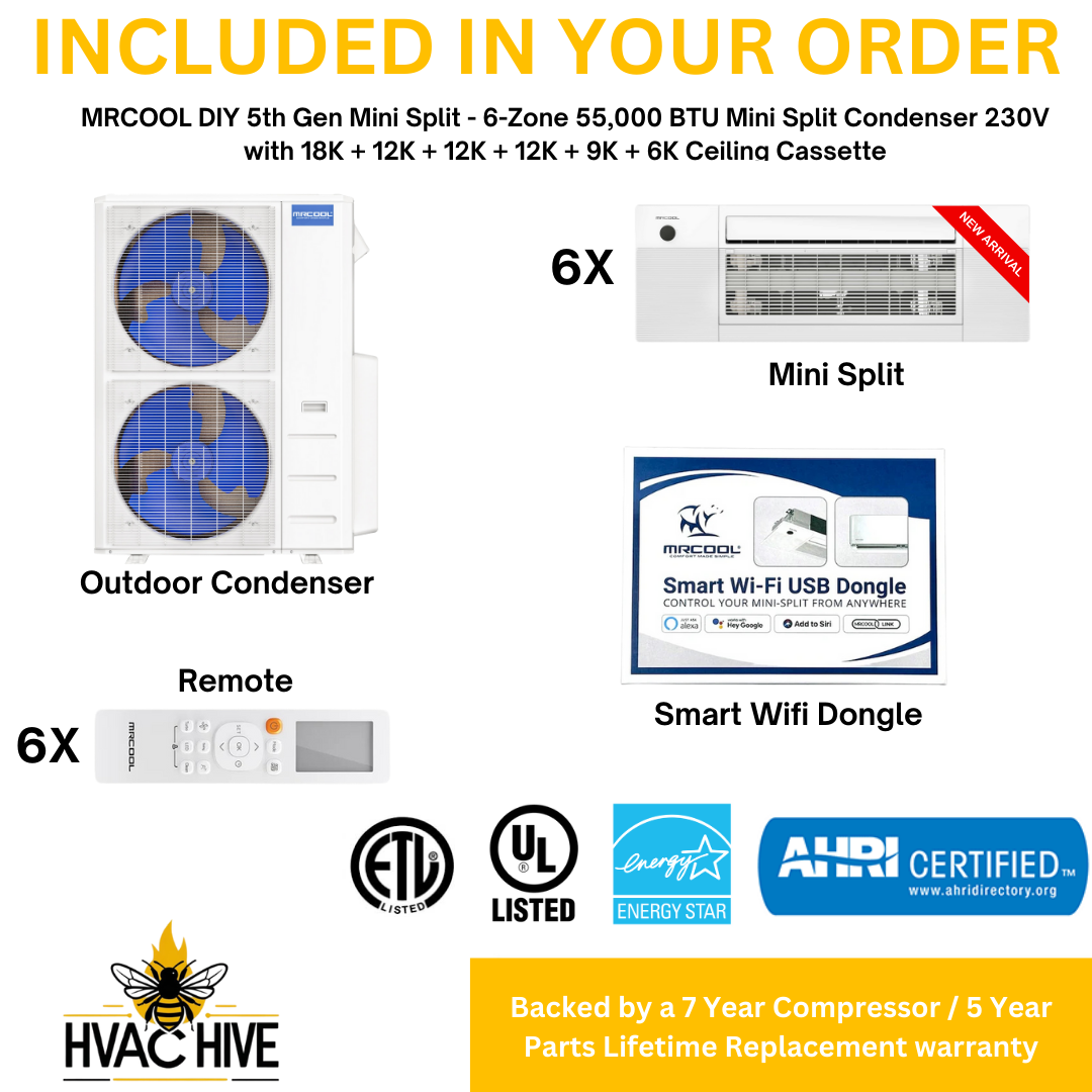 MRCOOL DIY 5th Gen Mini Split - 6-Zone 55,000 BTU Mini Split Condenser 230V with 18K + 12K + 12K + 12K + 9K + 6K Ceiling Cassette Air Handlers DIY5-6ZC-55HP-18K12K12K12K9K6K included in your order