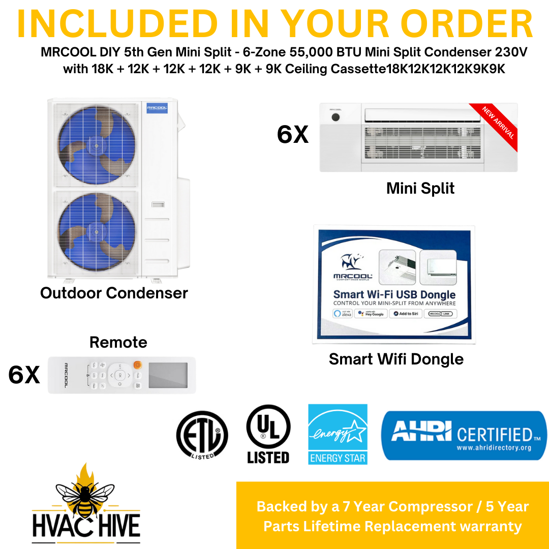 MRCOOL DIY 5th Gen Mini Split - 6-Zone 55,000 BTU Mini Split Condenser 230V with 18K + 12K + 12K + 12K + 9K + 9K Ceiling Cassette Air Handlers DIY5-6ZC-55HP-18K12K12K12K9K9K included in your order